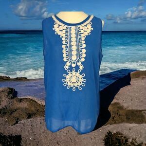 Banana Republic Top Sz 8 Gauzy Sheer Cotton Embroidery Sleeveless Zipper Blue.
